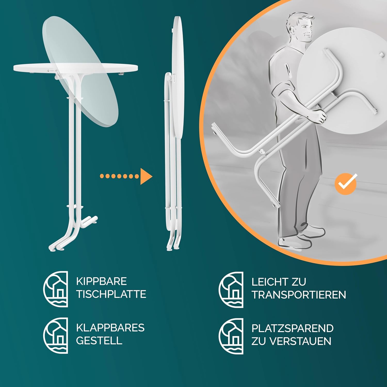 Casaria® Stehtisch Klappbar Outdoor Gastro Bistrotisch 2X Haken Ø 80 cm Rund Witterungsbeständig Weiß Bartisch pulverbeschichtet Metall MDF — Ansicht 5