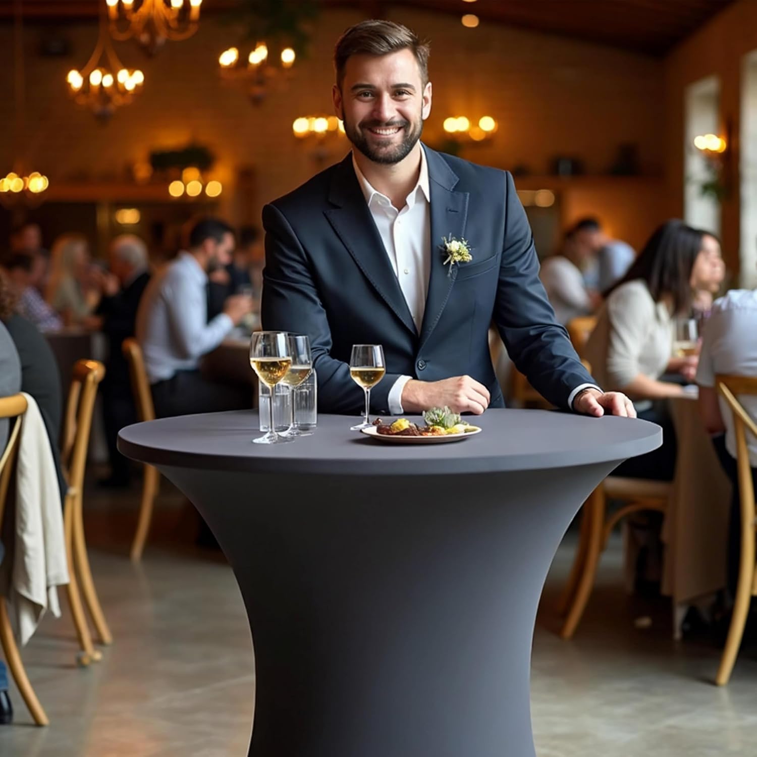 Casaria® Stehtisch mit Husse 70 cm Klappbar Grau Rund Holz Metall Pulverbeschichtet Wetterfest Hoch Set Hochzeit Bistrotisch Bartisch Garten Tisch — Ansicht 2