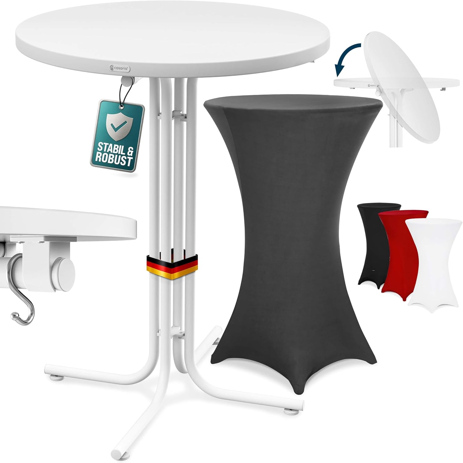 Casaria® Stehtisch mit Husse 70 cm Klappbar Grau Rund Holz Metall Pulverbeschichtet Wetterfest Hoch Set Hochzeit Bistrotisch Bartisch Garten Tisch