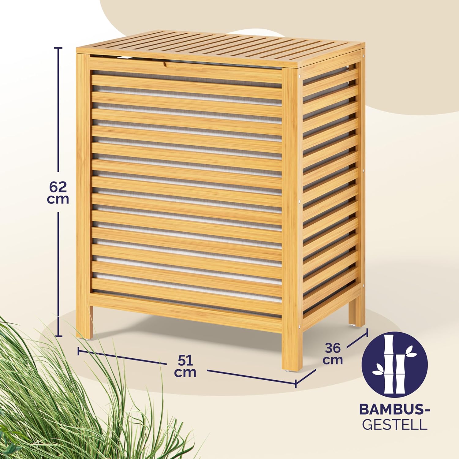 CASARIA® Wäschekorb mit Deckel Bambus Holz 70L Groß Wäschesammler Wäschesack Herausnehmbar Baumwolle 62x51x36cm Schmal Wäschebox Wäschetonne Badzimmer — Ansicht 3