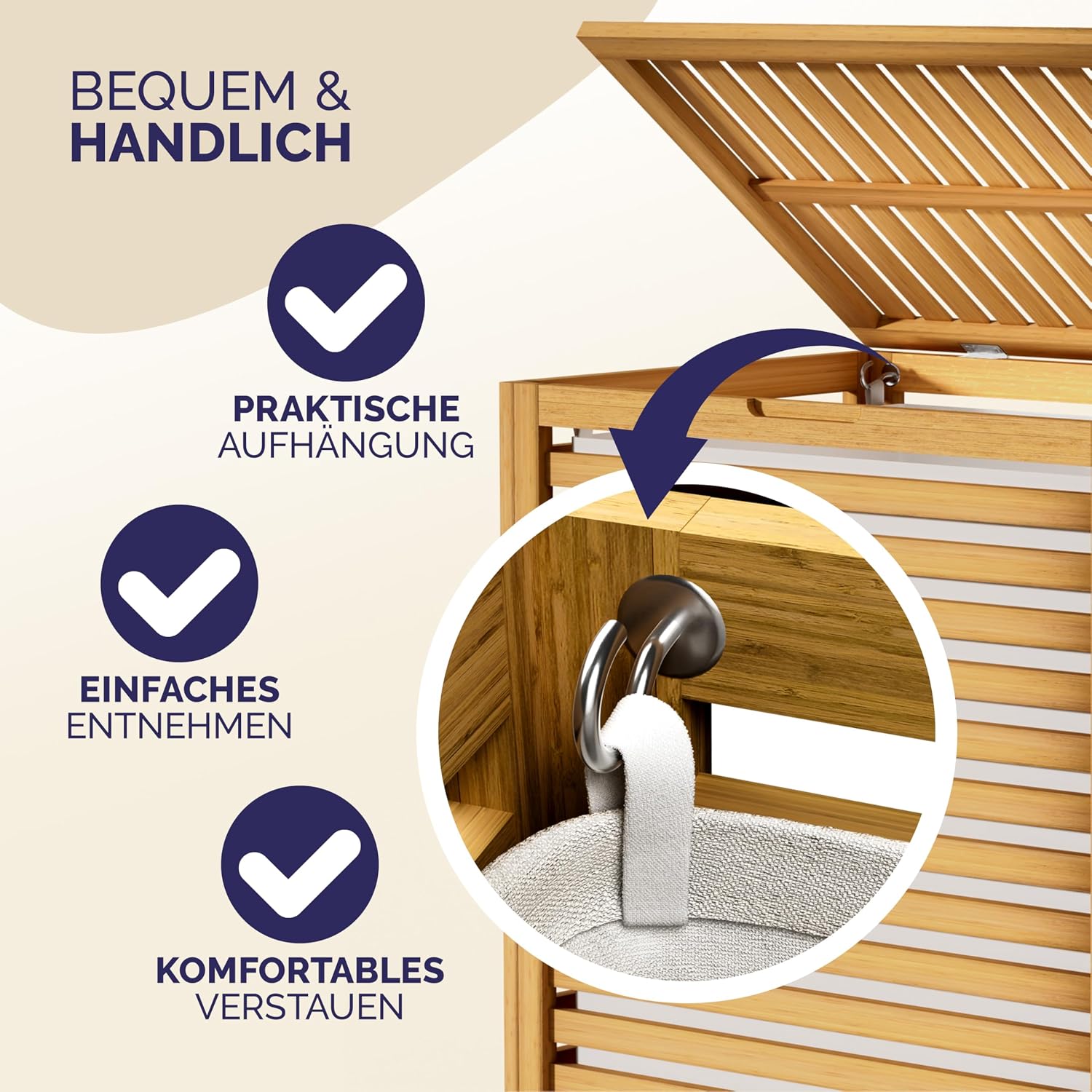 CASARIA® Wäschekorb mit Deckel Bambus Holz 70L Groß Wäschesammler Wäschesack Herausnehmbar Baumwolle 62x51x36cm Schmal Wäschebox Wäschetonne Badzimmer — Ansicht 5
