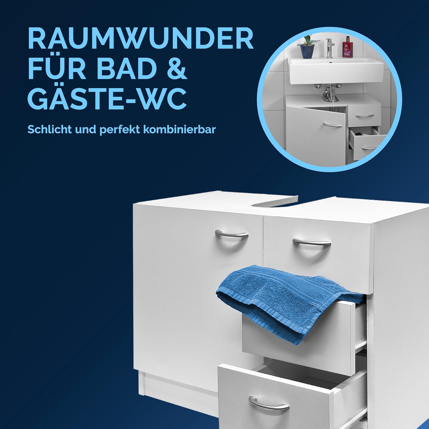 Casaria® Waschbeckenunterschrank mit 3 Schubladen Holz Weiß Waschbecken Unterschrank 63x30x54cm Bad Waschtischunterschrank Schmal Stehend Badezimmer — Ansicht 4