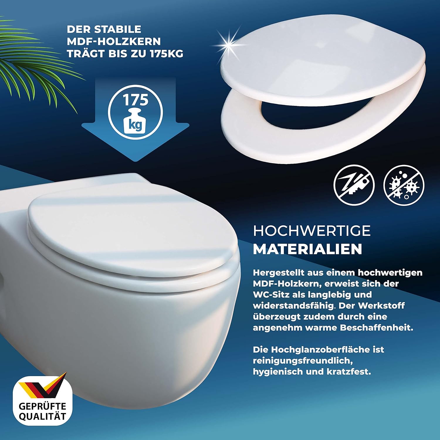 CASARIA® WC Sitz Doppelte Absenkautomatik MDF Holzkern hygienisch Rostfreie Scharniere 175kg Bad Toilettendeckel Toilettensitz Klodeckel Weiß — Ansicht 3