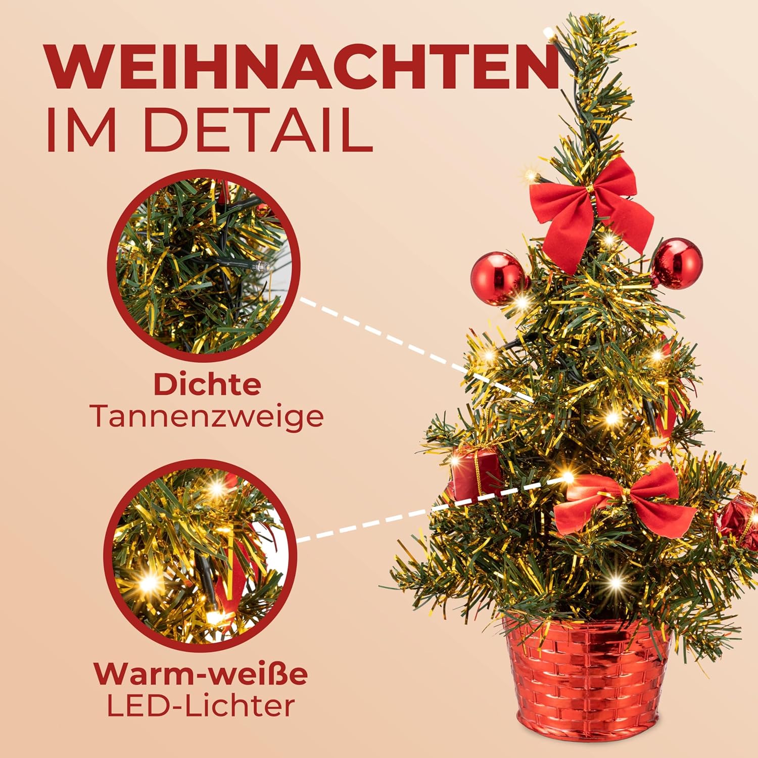 CASARIA® Weihnachtsbaum künstlich 36cm Klein Tisch geschmückt mit Beleuchtung LED Lichterkette Timer Topf schwer entflammbar Deko grün mini Tannenbaum — Ansicht 5