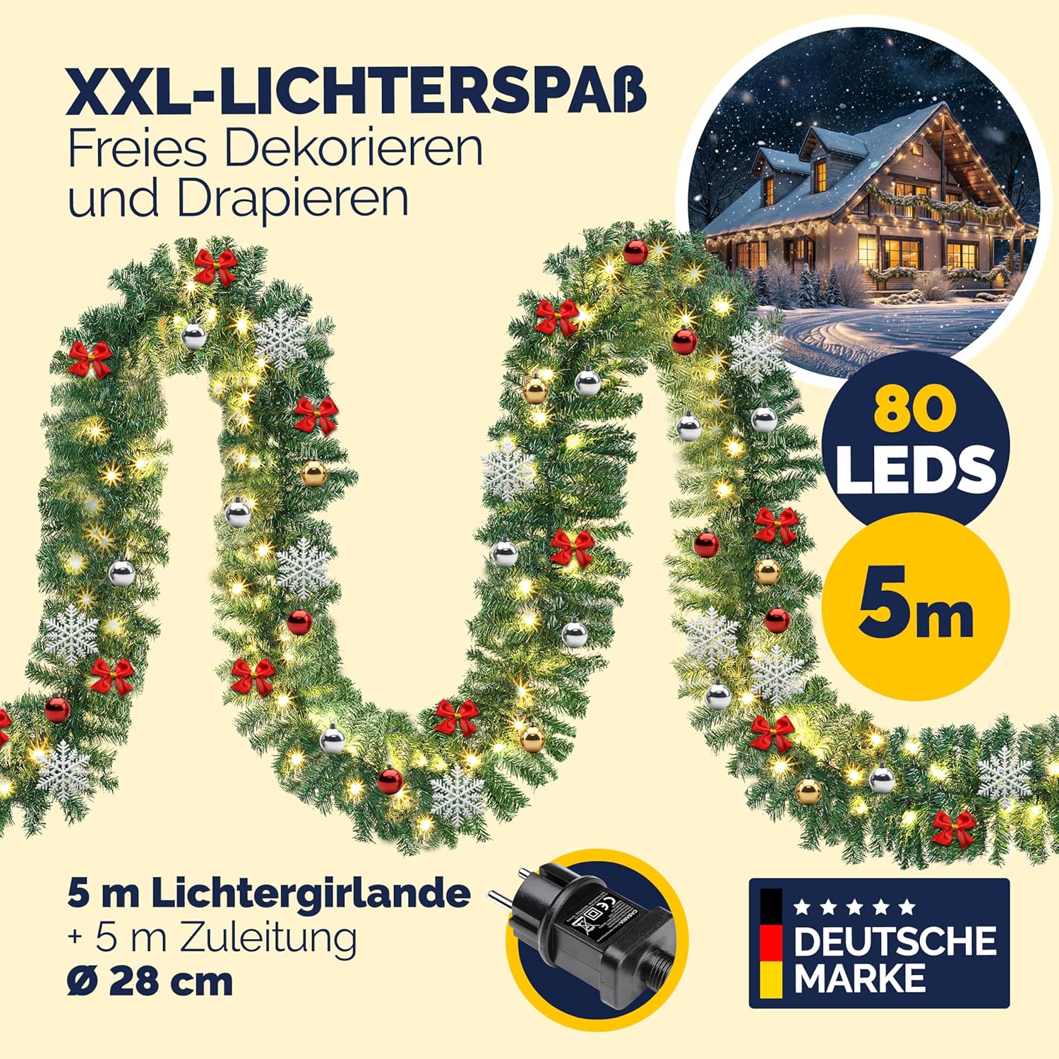 CASARIA Weihnachtsgirlande Beleuchtet Deko Fernbedienung 5m 80 LED Timer Dimmbar 8 Leuchtmodi Außen Weihnachtsdeko Weihnachten Girlande Tannengirlande — Ansicht 2