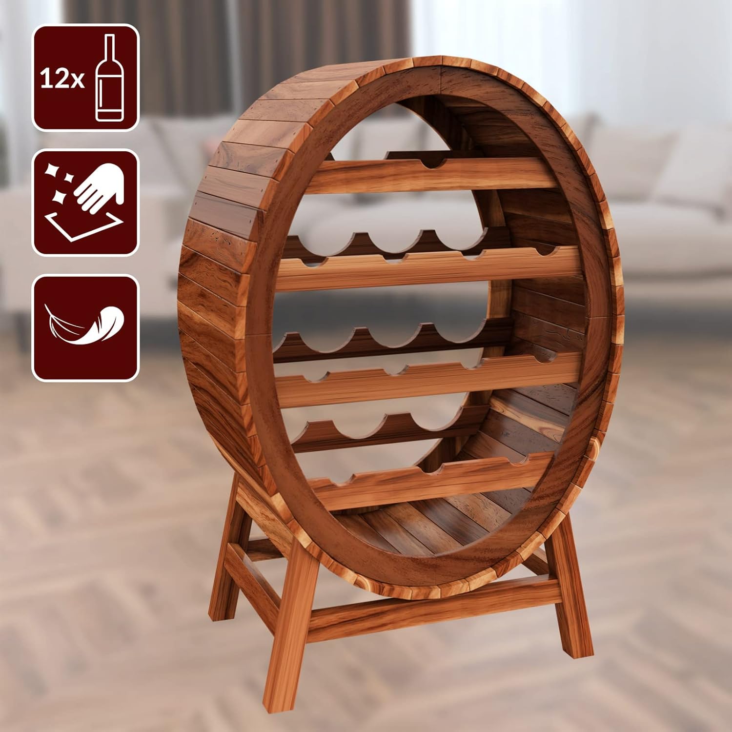 Casaria® Weinregal Fass 12 Flaschen Akazie Massiv Holz Rustikal 90x50x30cm Stehend Keller Küche Wohnzimmer Bar Weinfass Flaschenregal Weinständer Regal — Ansicht 2