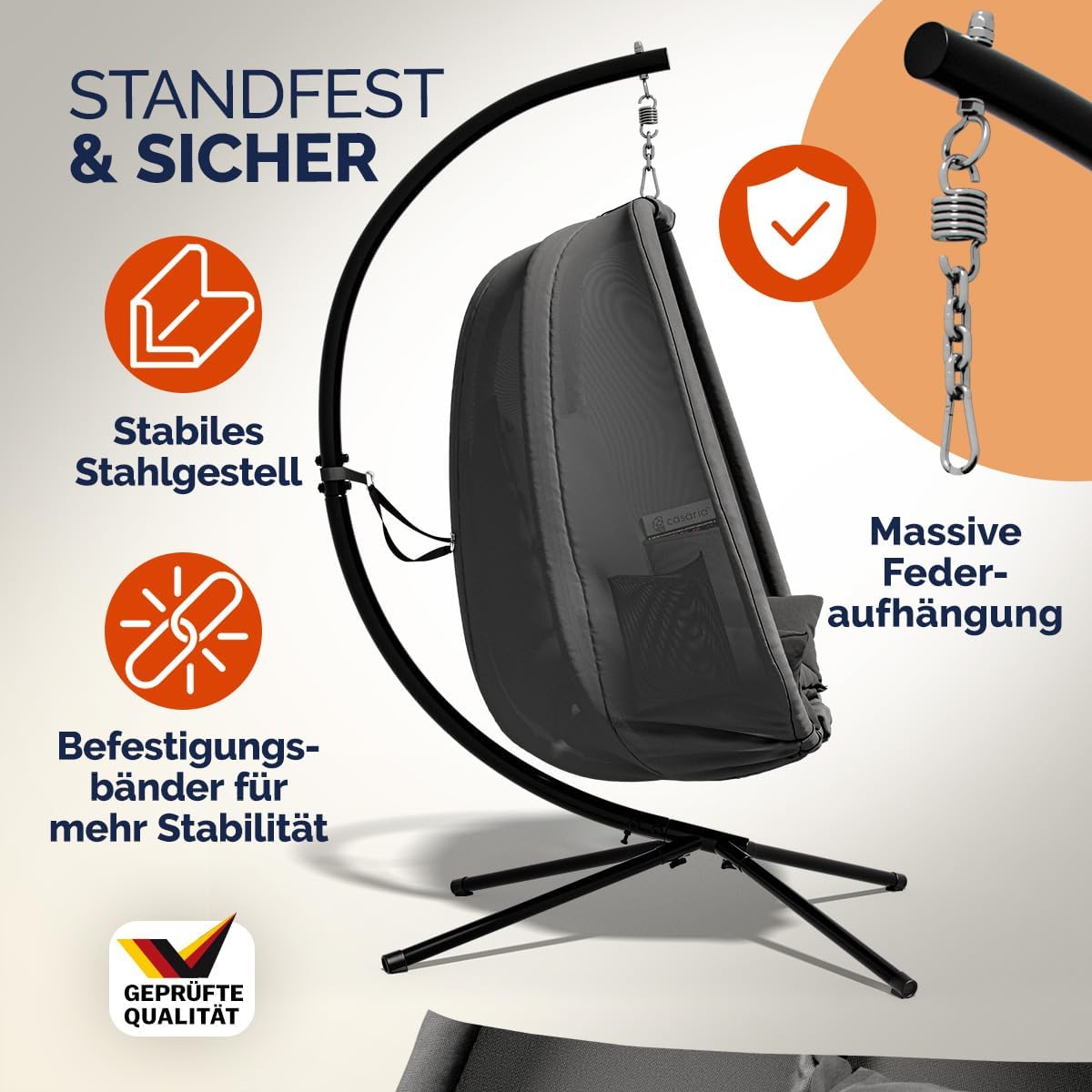 Casaria® XXL-Hängesessel mit Gestell Outdoor - 94cm breit, wetterfest, bis 150kg - Hängestuhl inkl. Kissen & 2 Taschen - für Garten Balkon & Indoor Relax Schaukelstuhl — Ansicht 2