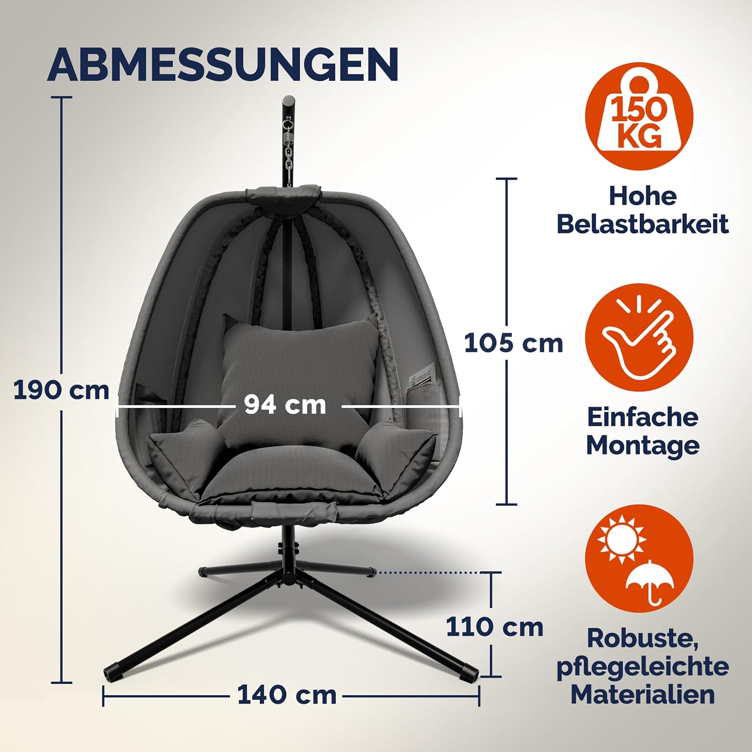 Casaria® XXL-Hängesessel mit Gestell Outdoor - 94cm breit, wetterfest, bis 150kg - Hängestuhl inkl. Kissen & 2 Taschen - für Garten Balkon & Indoor Relax Schaukelstuhl — Ansicht 5
