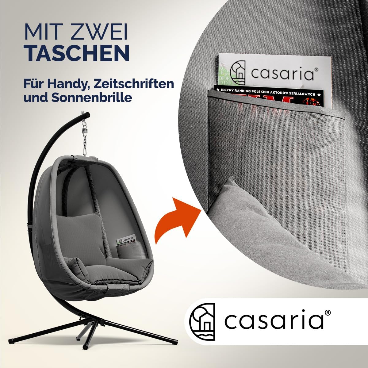 Casaria® XXL-Hängesessel mit Gestell Outdoor - 94cm breit, wetterfest, bis 150kg - Hängestuhl inkl. Kissen & 2 Taschen - für Garten Balkon & Indoor Relax Schaukelstuhl — Ansicht 6
