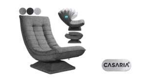 Ein grauer verstellbarer Loungesessel von Casaria Relaxsessel mit fünf Liegepositionen bietet ultimativen Komfort. In der oberen linken Ecke sind drei Stoffmuster in verschiedenen Grautönen abgebildet, die die Eleganz dieses von Aberdeen inspirierten Designs unterstreichen.