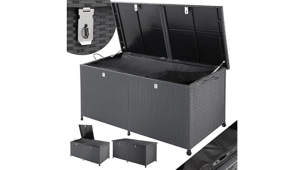XXL Casaria Gartenbox: Große schwarze Aufbewahrungsbox für den Außenbereich mit geflochtener Struktur, Klappdeckel, Innenfutter und Metallverschluss – aus verschiedenen Perspektiven mit Nahaufnahme des Verschlussmechanismus. Ideal für alle, die viel Platz und eine Top-Bewertung suchen.