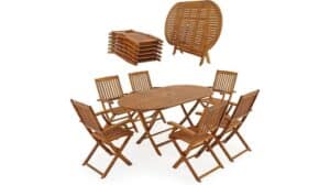 Casaria Gartenmöbel-Set: Essgruppe für den Außenbereich aus Holz mit sechs Klappstühlen und einem ovalen Klapptisch, sowohl zusammengebaut als auch zusammengeklappt dargestellt. Perfekt für Ihren Garten – überzeugen Sie sich selbst und lesen Sie unsere Bewertung!.