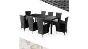 Das Casaria Gartenmöbel-Set besteht aus einem eleganten schwarzen Gartenmöbelset mit rechteckigem Tisch und acht passenden Korbstühlen mit hoher Rückenlehne und ist perfekt für jede Terrasse. Lesen Sie die positiven Bewertungen zufriedener Kunden!.