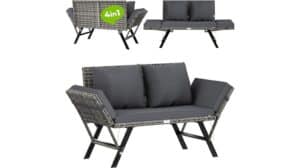 Ein graues Rattan-Sofa von Casaria mit verstellbaren Armlehnen, dunklen Kissen und schwarzen Metallbeinen wird in drei Konfigurationen gezeigt. Die Bezeichnung „4 in 1“ unterstreicht seine Vielseitigkeit und hohe Bewertung.