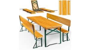 Ein klappbarer Deuba Bierzeltset-Picknicktisch aus Holz mit zwei Bänken auf grünen Metallrahmen, abgebildet im zusammengebauten Zustand und in verschiedenen Faltstadien zur Lagerung oder zum Transport – ideal für den praktischen Gebrauch, leicht zu verstauen und gut bewertet in Bewertungen.