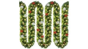 Eine Casaria Weihnachtsgirlande im Zickzack-Muster, geschmückt mit roten Schleifen, weißen Schneeflocken, silbernen und goldenen Ornamenten und warmweißen Lichtern – perfekt für eine festliche Dekoration mit Top-Bewertung.