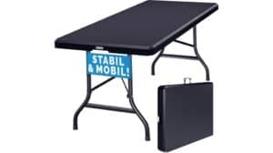 Ein Casaria Garten-Tisch in Schwarz mit Metallbeinen, gezeigt aufgebaut und zusammengefaltet als Tragekoffer; ein Schild mit „STABIL & MOBIL!“ ist am Tisch befestigt. Perfekt für Gartenpartys – Ihre neue Top-Bewertung!.
