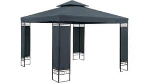 Ein dunkelgrauer Casaria Lorca-Pavillon mit doppelstöckigem Dach und vier quadratischen Beinen mit dekorativen Metallplatten oben und unten – eine Investition in stilvollen Outdoor-Komfort.