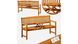 Eine hölzerne Gartenbank von Casaria mit Lattenrost und Sitzfläche sowie einem klappbaren Mitteltisch. Nahaufnahmen zeigen den Tisch, das FSC-Siegel und die in jeder Bewertung hervorgehobene Qualität.