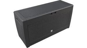 Eine große, rechteckige, schwarze Casaria-Aufbewahrungstruhe mit strukturierter Oberfläche und Klappdeckel – ideal für die stilvolle und praktische Aufbewahrung im Freien.