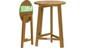 Abgebildet sind zwei Klapptische aus Holz: einer ist ausgeklappt und aufrecht, der andere zusammengeklappt und steht senkrecht. Beide Casaria Bartische verfügen über runde Tischplatten und vereinen stilvolles Design mit funktionalem Komfort.