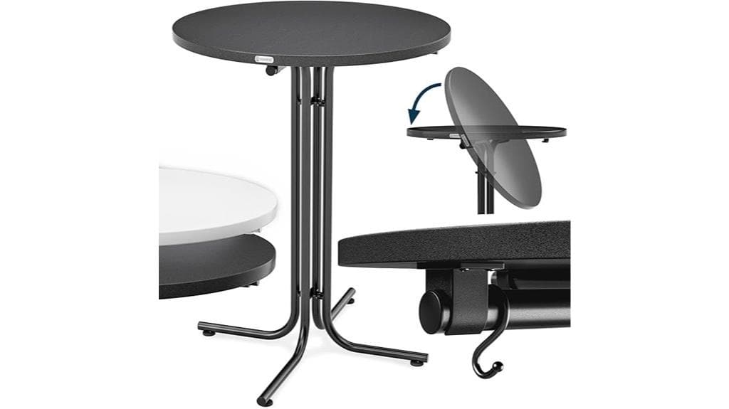 Runder Klapptisch mit schwarzer Oberfläche und Metallbeinen, dargestellt aus verschiedenen Blickwinkeln, inklusive einer Nahaufnahme des Klappmechanismus und Hakens – stilvoll und funktional, ideal für jede Casaria Stehtisch Bewertung.